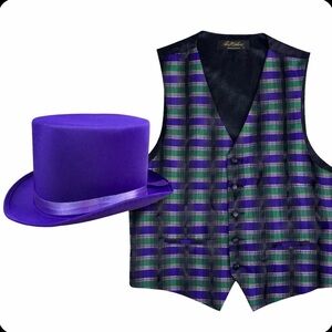 Mardi Gras Costume Bundle Purple Top Hat Bill Blass Silk Vest L Purple Green Gld